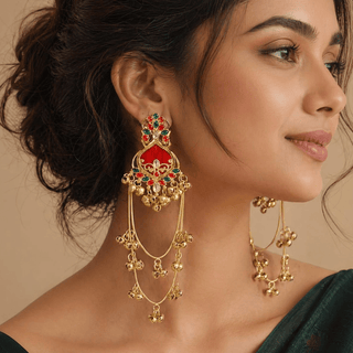 Helsa Red Kashmiri Gold Finish Earrings - ECLAT INDIAN JEWELSKashmiri EarringsRed