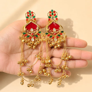 Helsa Red Kashmiri Gold Finish Earrings - ECLAT INDIAN JEWELSKashmiri EarringsRed
