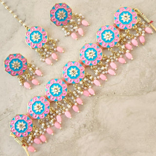 Holly Pink Choker Necklace Set - ECLAT INDIAN JEWELSNecklace SetsPink