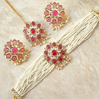 Illiana Magenta Pink Kundan Choker Set with Maang Tikka - ECLAT INDIAN JEWELSNecklace SetsPink