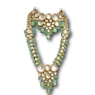 Imogen Complete Pastel Green Uncut Kundan Bridal Set - ECLAT INDIAN JEWELSNecklace SetsGreen