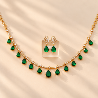 Imogen dark green CZ diamond necklace set with white cubic zirconia stones and matching green drop earrings gold finish