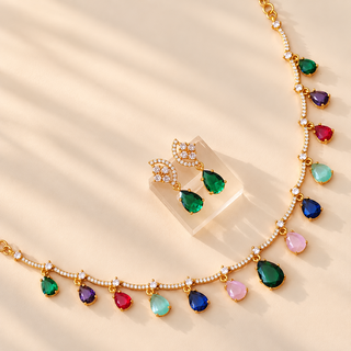 Imogen multicolour CZ diamond necklace set gold finish with white cubic zirconia and green purple red mint blue pink teardrop stones