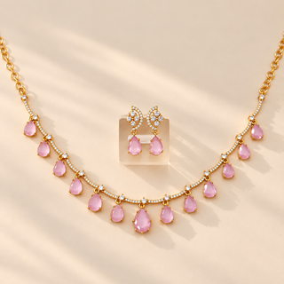 Imogen pink CZ diamond necklace set gold finish with white cubic zirconia and pastel pink teardrop stones