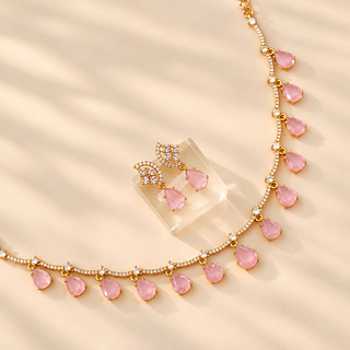 Imogen light pink artificial Indian necklace set with matching CZ diamond earrings gold finish