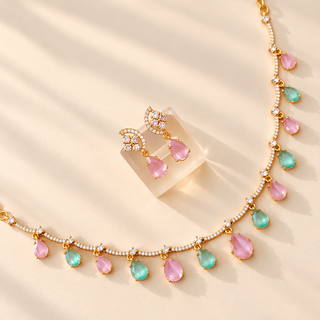 Imogen pastel pink and mint green CZ diamond necklace set in gold finish with matching earrings