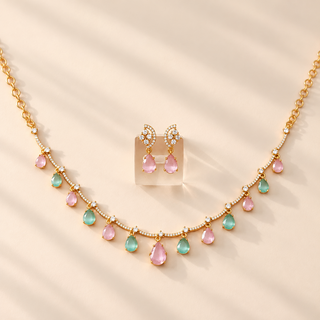 Imogen multicolour pink mint green cubic zirconia necklace set front view