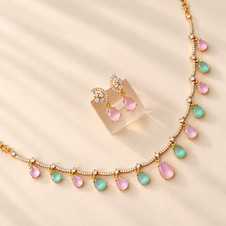 Imogen pink and mint CZ diamond necklace set detailed close up with matching earrings