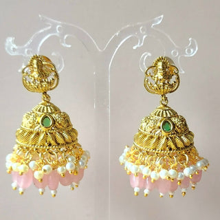 Imogen Pink Temple Jhumka Earrings - ECLAT INDIAN JEWELSEarringsPink