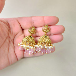 Imogen Pink Temple Jhumka Earrings - ECLAT INDIAN JEWELSEarringsPink