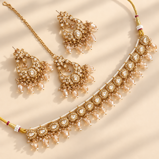 Isadora gold polki choker necklace set with matching chandbali earrings and maang tikka Victorian gold finish