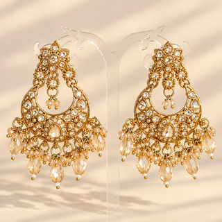 Isadora gold polki chandbali earrings 6 cm champagne bead drops
