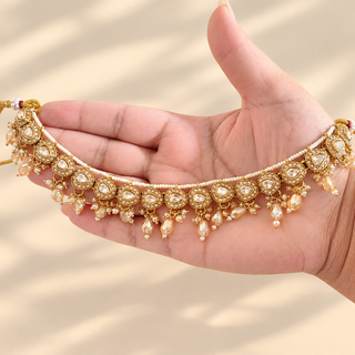 Isadora Victorian gold polki choker necklace with clear teardrop stones and champagne bead fringe