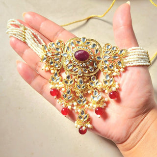 Isha Dark Red Kundan Choker Necklace Set with Tikka - ECLAT INDIAN JEWELSNecklace SetsRed