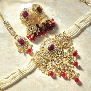 Isha Dark Red Kundan Choker Necklace Set with Tikka - ECLAT INDIAN JEWELSNecklace SetsRed