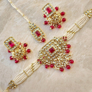 Isha Kundan Ruby Red Choker Necklace Set with Tikka - ECLAT INDIAN JEWELSNecklace SetsRed