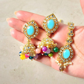 Isha Multicolour Blue Kundan Choker Necklace Set with Tikka - ECLAT INDIAN JEWELSNecklace SetsMulticolour