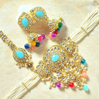 Isha Multicolour Blue Kundan Choker Necklace Set with Tikka - ECLAT INDIAN JEWELSNecklace SetsMulticolour