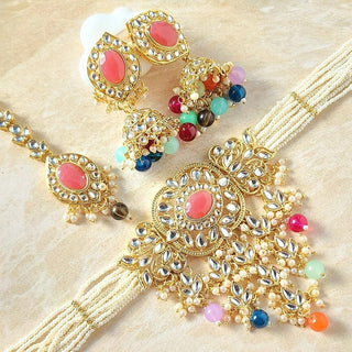 Isha Multicolour Pink Kundan Choker Necklace Set with Tikka - ECLAT INDIAN JEWELSNecklace SetsMulticolour