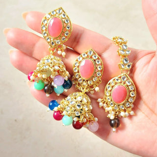 Isha Multicolour Pink Kundan Choker Necklace Set with Tikka - ECLAT INDIAN JEWELSNecklace SetsMulticolour