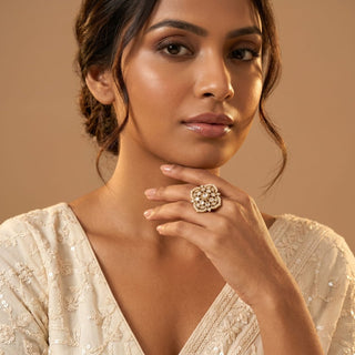 Isolde White Polki Victorian Gold Finish Adjustable Ring - ECLAT INDIAN JEWELSRing JewelleryGold