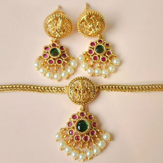 Iva Multicolour Gold Finish CZ Diamond Temple Necklace Set - ECLAT INDIAN JEWELSNecklace SetsMulticolour