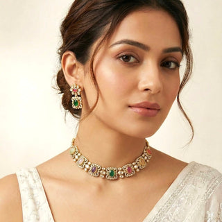 Izabella Multicolour CZ Diamond Simulant Choker Necklace Set - ECLAT INDIAN JEWELSNecklace SetsMulticolour