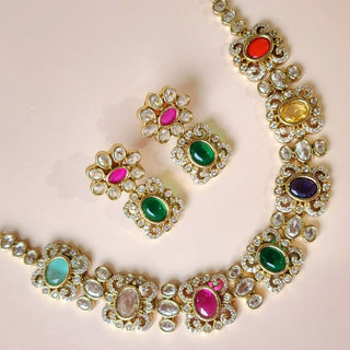 Izabella Multicolour CZ Diamond Simulant Choker Necklace Set - ECLAT INDIAN JEWELSNecklace SetsMulticolour