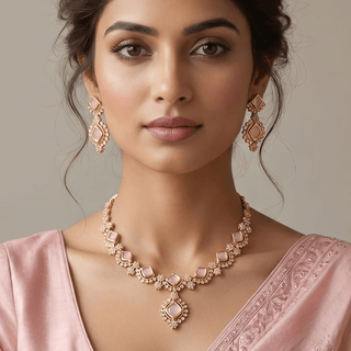Jade Pink CZ Diamond Simulant Necklace Set - ECLAT INDIAN JEWELSNecklace SetsPink