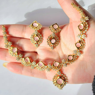 Jade Pink CZ Diamond Simulant Necklace Set - ECLAT INDIAN JEWELSNecklace SetsPink