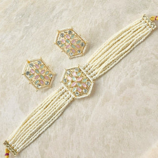 Jodell Mint Green & Pastel Pink Choker Necklace Set - ECLAT INDIAN JEWELSNecklace SetsMulticolour