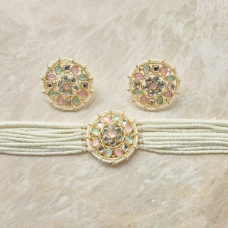 Jodi Mint Green & Pastel Pink Choker Necklace Set - ECLAT INDIAN JEWELSNecklace SetsMulticolour