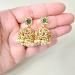Josie Green CZ Diamond Simulant Jhumka Earrings - ECLAT INDIAN JEWELSEarringsGreen