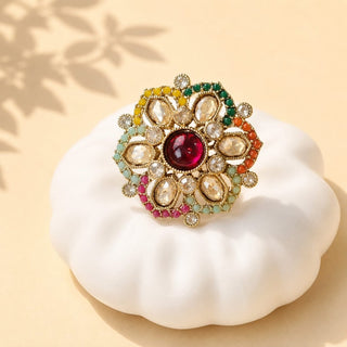 Juniper Multicolour Polki Victorian Gold Finish Adjustable Ring - ECLAT INDIAN JEWELSRing JewelleryMulticolor