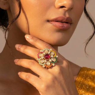 Juniper Multicolour Polki Victorian Gold Finish Adjustable Ring - ECLAT INDIAN JEWELSRing JewelleryMulticolor