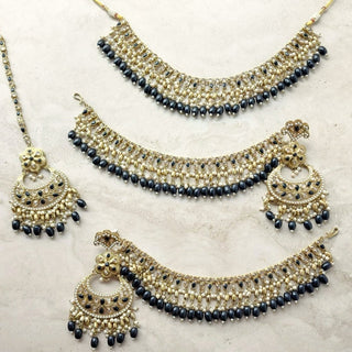 Juno Black Polki Necklace Set with (Detachable) Baahubali Earrings and Maang Tikka - ECLAT INDIAN JEWELSNecklace SetsBlack