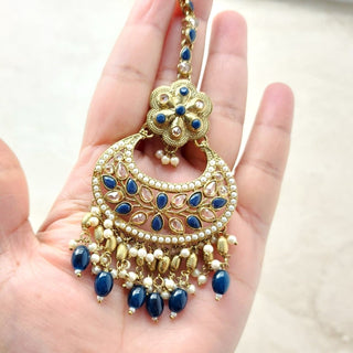 Juno Blue Polki Necklace Set with (Detachable) Baahubali Earrings and Maang Tikka - ECLAT INDIAN JEWELSNecklace SetsBlue