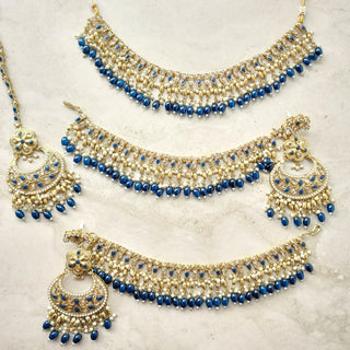 Juno Blue Polki Necklace Set with (Detachable) Baahubali Earrings and Maang Tikka - ECLAT INDIAN JEWELSNecklace SetsBlue