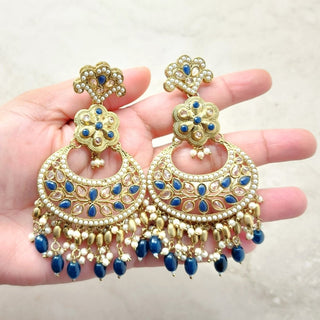 Juno Blue Polki Necklace Set with (Detachable) Baahubali Earrings and Maang Tikka - ECLAT INDIAN JEWELSNecklace SetsBlue