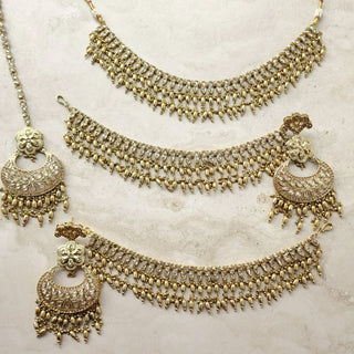 Juno Gold Polki Necklace Set with (Detachable) Baahubali Earrings and Maang Tikka - ECLAT INDIAN JEWELSNecklace SetsGold