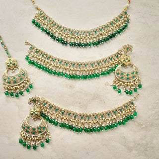 Juno Green Polki Necklace Set with (Detachable) Baahubali Earrings and Maang Tikka - ECLAT INDIAN JEWELSNecklace SetsGreen