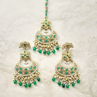 Juno Green Polki Necklace Set with (Detachable) Baahubali Earrings and Maang Tikka - ECLAT INDIAN JEWELSNecklace SetsGreen