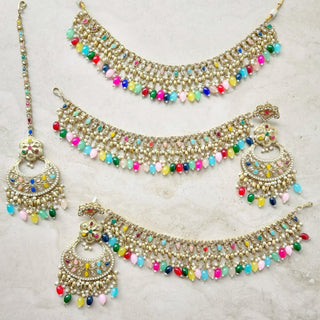 Juno Multicolour Polki Necklace Set with (Detachable) Baahubali Earrings and Maang Tikka - ECLAT INDIAN JEWELSNecklace SetsMulticolour