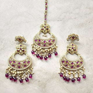 Juno Purple Polki Necklace Set with (Detachable) Baahubali Earrings and Maang Tikka - ECLAT INDIAN JEWELSNecklace SetsPurple