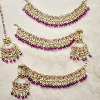 Juno Purple Polki Necklace Set with (Detachable) Baahubali Earrings and Maang Tikka - ECLAT INDIAN JEWELSNecklace SetsPurple