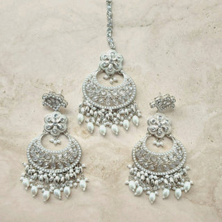 Juno Silver Polki Necklace Set with (Detachable) Baahubali Earrings and Maang Tikka - ECLAT INDIAN JEWELSNecklace SetsSilver