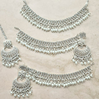 Juno Silver Polki Necklace Set with (Detachable) Baahubali Earrings and Maang Tikka - ECLAT INDIAN JEWELSNecklace SetsSilver