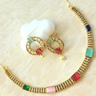 Kaara Multicolour Gold Finish Diamond Simulant Necklace Set - ECLAT INDIAN JEWELSNecklace SetsGold