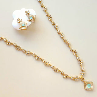 Kaia Mint Green CZ Diamond Simulant Long Necklace Set - ECLAT INDIAN JEWELSNecklace SetsGreen