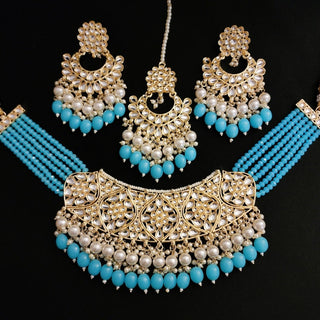 Karleigh Light Blue Kundan Choker Necklace Set with Tikka - ECLAT INDIAN JEWELSNecklace SetsBlue